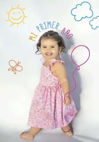 Niña celebrando su primer año con ilustraciones dibujadas