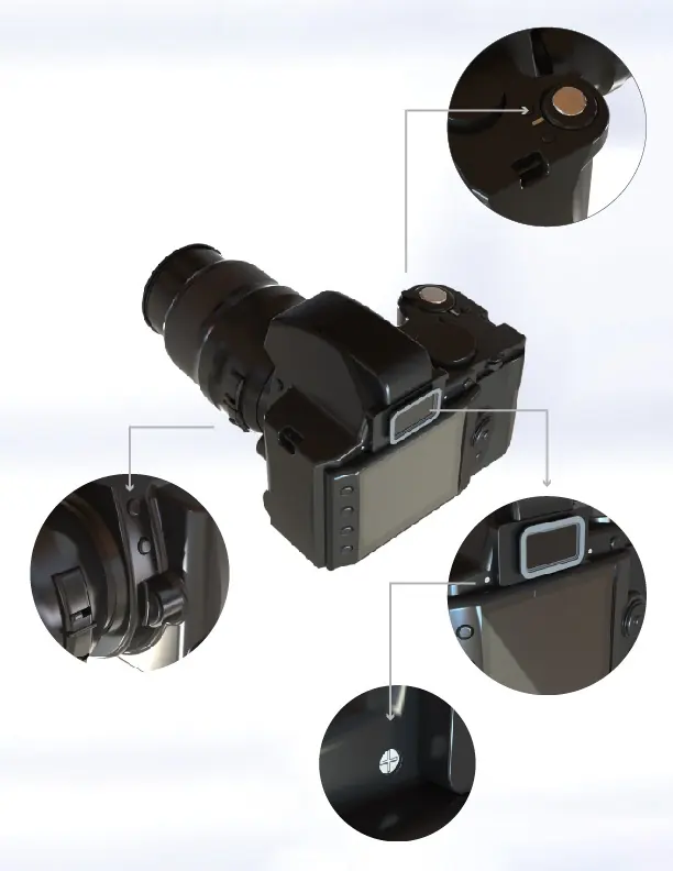 Render de la cámara Nikon con detalles de botones y visor