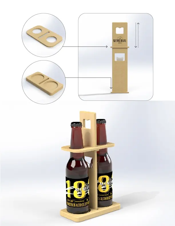 Propuesta de portacervezas para dos botellas Memorial con piezas en detalle